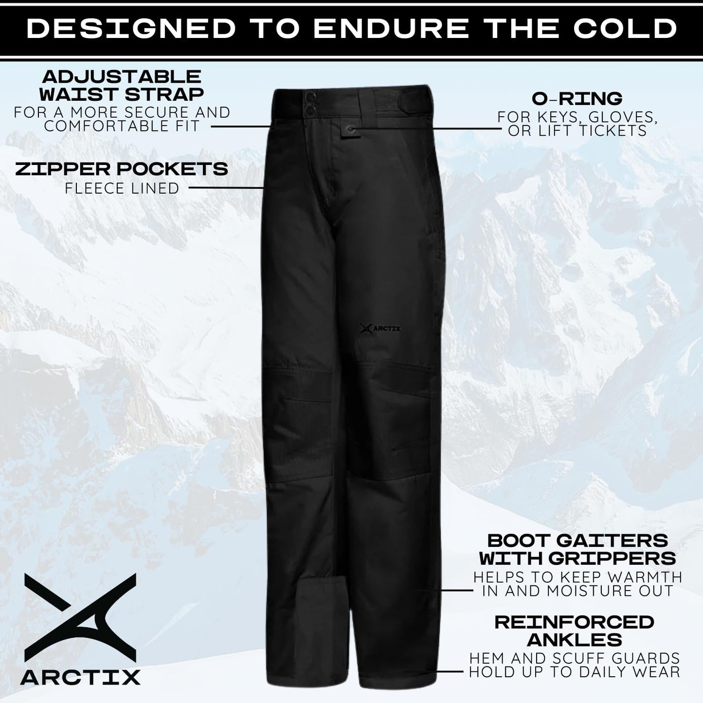 Arctix Kids Snow Pants with Reinforced Knees and Seat Black Medium