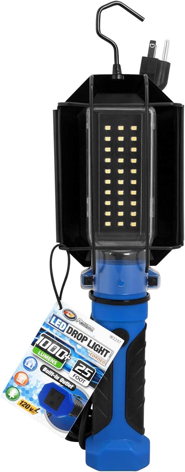 Performance Tool 1,000 lumen 120V LED Drop Light 25' 18GA  with Extra 120V Outlet, 1 Pack