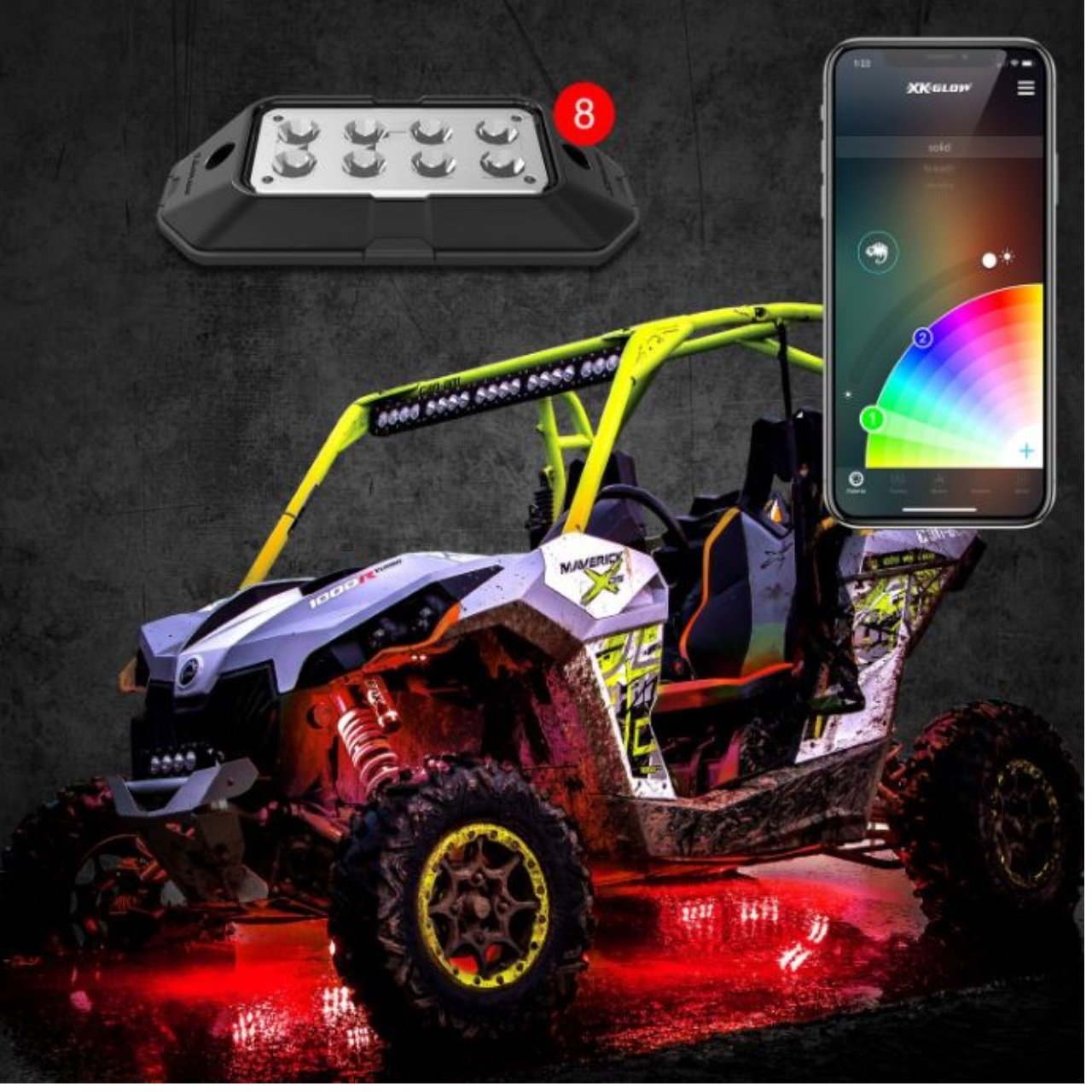 XKGLOW ROCKADV Multicolor LED Under Body Rock Light Kit, 8 Pack