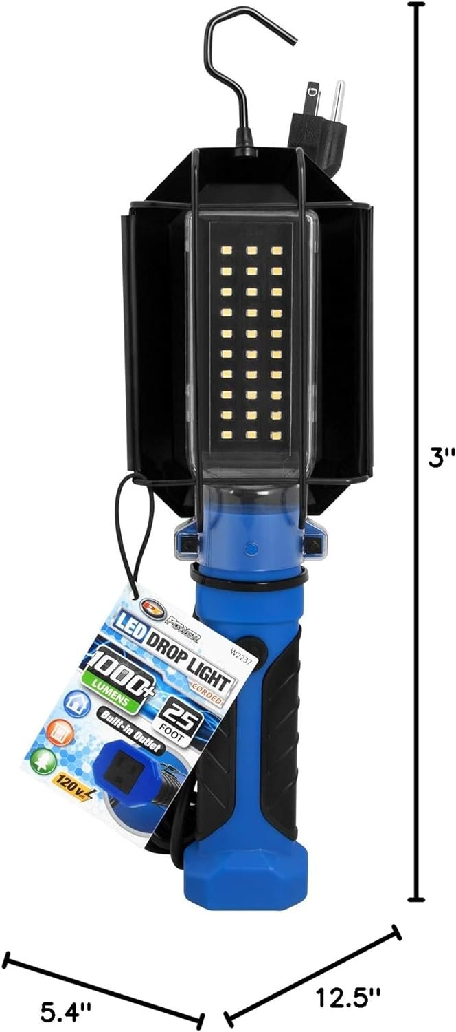 Performance Tool 1,000 lumen 120V LED Drop Light 25' 18GA  with Extra 120V Outlet, 1 Pack