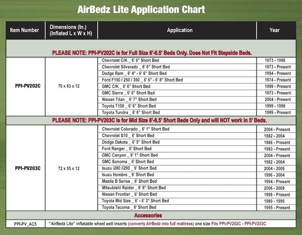 AirBedz Truck Bed Air Mattress Mid-Size 6'-6.5' Short , Green (72" x 55" x 12" Inflated)